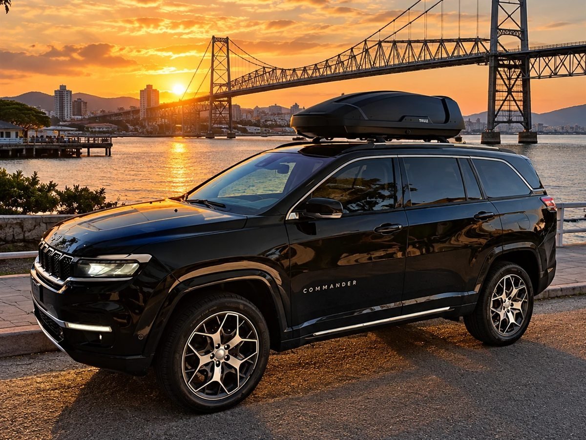 Jeep Commander preto da VBM com bagageiro de teto diante da Ponte Hercílio Luz ao pôr do sol