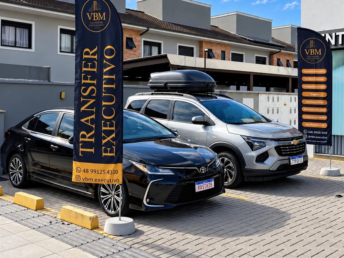 Corolla e Spin da VBM com bandeiras da empresa em frente ao escritório