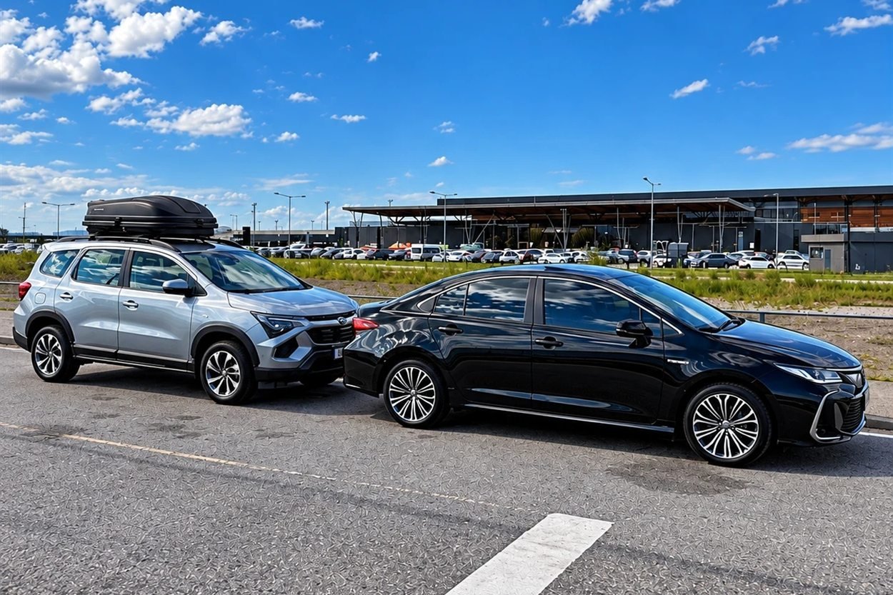 Chevrolet Spin e Toyota Corolla da VBM no estacionamento do aeroporto